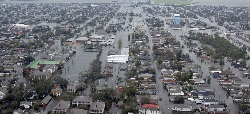 Flooded neigborhoods can be seen as the Coast Guard conducts initial Hurricane Katrina damage assessment overflights August 29, 2005 in New Orleans, Louisiana.