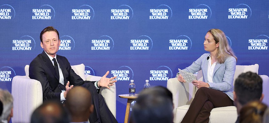 National Cyber Director Sean Cairncross and Morgan Chalfant, deputy Washington editor at Semafor, speak on stage during Semafor World Economy 2026 on April 15, 2026 in Washington, DC..