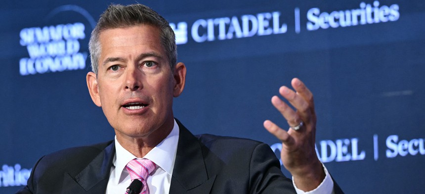 US Secretary of Transportation Sean Duffy speaks during the 2026 Semafor World Economy conference in Washington, DC, on April 17, 2026.