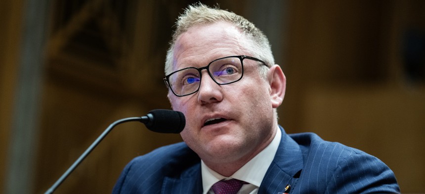 Sean Plankey, nominee to be director of the Cybersecurity and Infrastructure Security Agency, testifies during his Senate Homeland Security and Governmental Affairs Committee confirmation hearing in Dirksen building on Thursday, July 24, 2025.