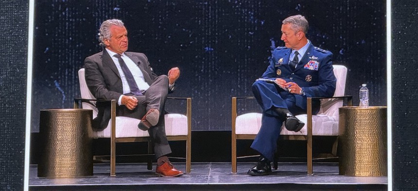 Joint Chiefs Chairman Gen. Dan Caine speaks with Chancellor of Vanderbilt University Daniel Diermeier during a fireside chat at the university’s Asness Summit on Modern Conflict and Emerging Threats on April 23, 2026.
