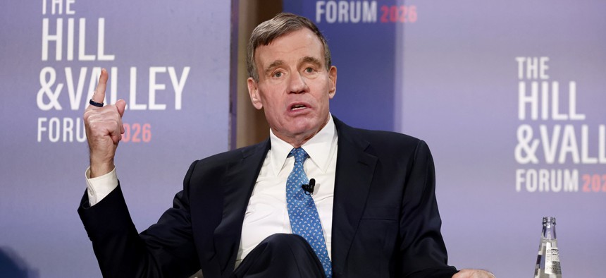 Sen. Mark Warner, D-Va., participates in the From Capital to Capability: Rebuilding U.S. Industrial Strength panel during The Hill & Valley Forum 2026 at Andrew W. Mellon Auditorium on March 24, 2026 in Washington, DC.