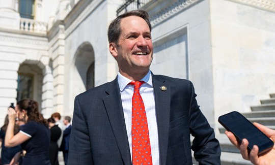 Rep. Jim Himes, D-Conn., speaks to a reporter on the House steps after a vote in the U.S. Capitol on Thursday, April 23, 2026.