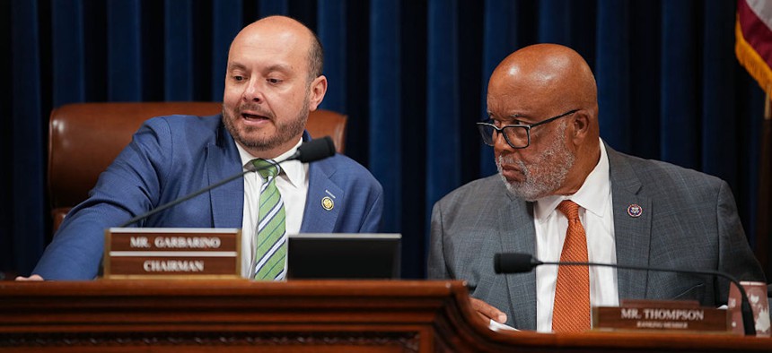 House Homeland Security Chairman Rep. Andrew Garbarino, R-N.Y., and Ranking Member Rep. Bennie Thompson, D-Miss., look on ahead of a House Homeland Security Committee hearing on Capitol Hill on March 25, 2026 in Washington, DC. Members of the committee received a briefing on Wednesday about Anthropic's Mythos AI model.