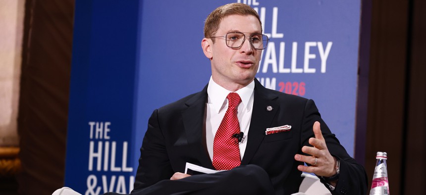 Jacob Helberg participates in the "Allies, Industry and the AI Supply Chain" panel during The Hill & Valley Forum 2026 at Andrew W. Mellon Auditorium on March 24, 2026 in Washington, DC.