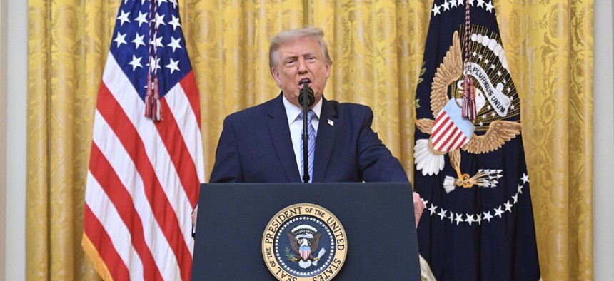 U.S. President Donald Trump addresses the nation from the East Room of the White House on July 16, 2026 in Washington, DC.