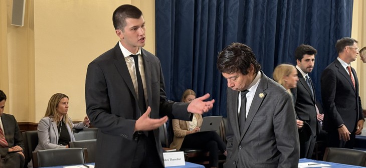 Rep. Shri Thanedar, D-Mich. of the House Homeland Security Committee gets an overview of the CSIS war game simulating AI-cyber threats involving China and Taiwan.