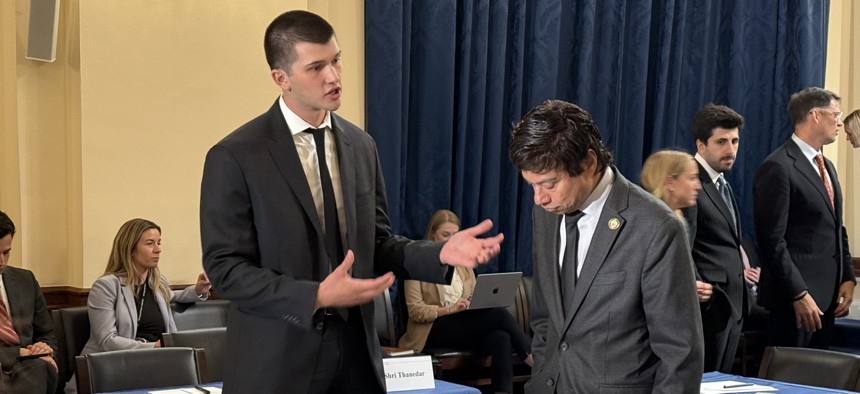 Rep. Shri Thanedar, D-Mich. of the House Homeland Security Committee gets an overview of the CSIS war game simulating AI-cyber threats involving China and Taiwan.