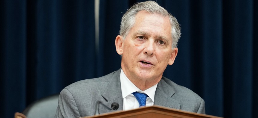 Rep. French Hill (R-AR), Chairman of the House Financial Services Committee, listens as Federal Reserve Chairman Kevin Warsh testifies before the House Financial Services Committee on Capitol Hill on July 14, 2026 in Washington, DC.