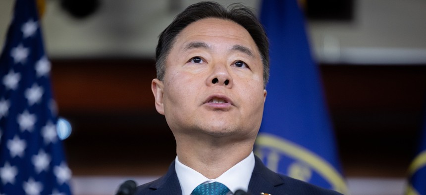 House Democratic Caucus Vice-Chair Ted Lieu (D-CA) speaks at a press conference with Chair Pete Aguilar (D-CA), following a caucus meeting, at the U.S. Capitol in Washington, DC on May 13, 2026.