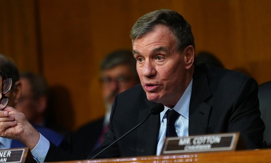Sen. Mark Warner (D-VA) speaks at the confirmation hearing for Jay Clayton before the Senate Intelligence Committee during his nomination hearing on Capitol Hill July 15, 2026 in Washington, DC.