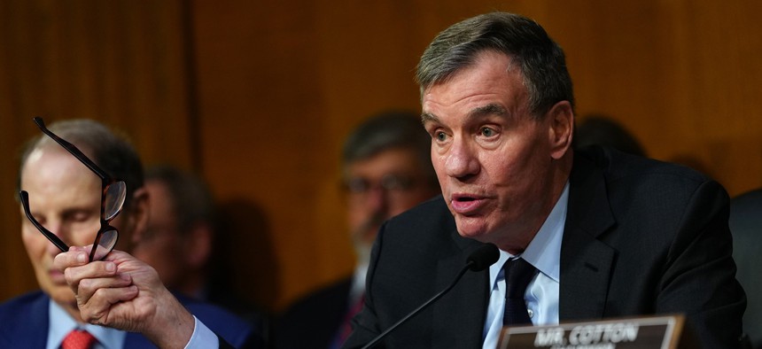 Sen. Mark Warner (D-VA) speaks at the confirmation hearing for Jay Clayton before the Senate Intelligence Committee during his nomination hearing on Capitol Hill July 15, 2026 in Washington, DC.
