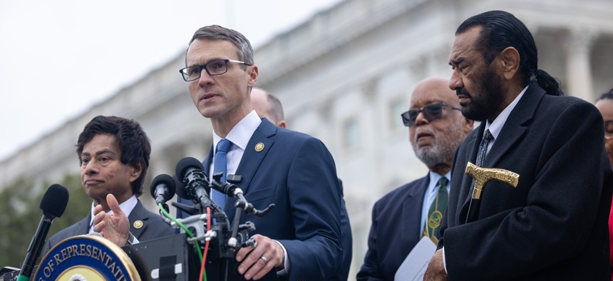 Congressman James Walkinshaw (D-VA) speaks at a press conference with other Democratic members of House Homeland Security Committee outside the U.S. Capitol in Washington, DC on January 14, 2026.