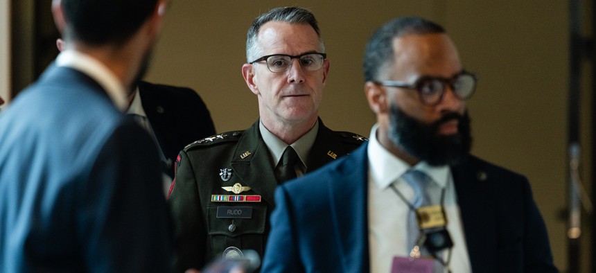 General Joshua M. Rudd, commander of the U.S. Cyber Command and director of the National Security Agency and Chief of the Central Security Service, arrives to a closed Senate Appropriations Committee hearing at the U.S. Capitol on June 2, 2026 in Washington, DC.