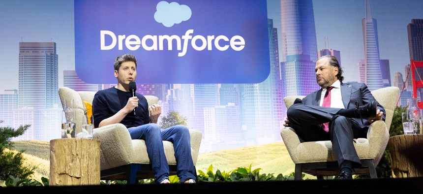 OpenAI CEO Sam Altman, left, sits with Salesforce CEO Marc Benioff for a conversation at Salesforce's Dreamforce conference at the Moscone Center on September 15, 2026 in San Francisco, California.
