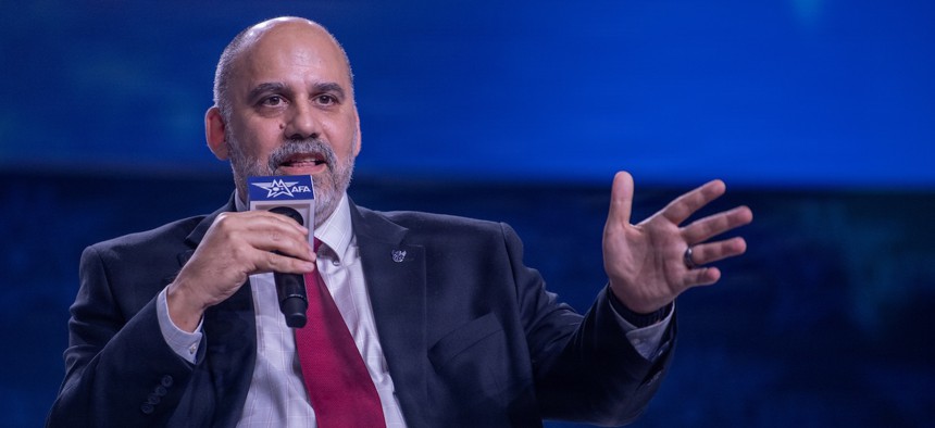 Erich Hernandez-Baquero, assistant secretary of the Air Force for space acquisition and integration, speaks during the 2026 Air and Space Forces Association Air, Space & Cyber Conference, Sept. 15.