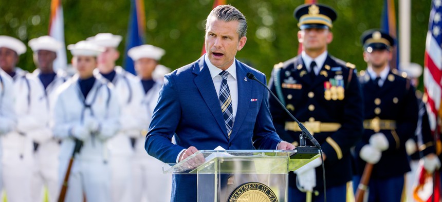 Defense Secretary Pete Hegseth speaks during the department's 2026 National POW/MIA Recognition Day Ceremony on the Pentagon River Terrace Parade Field on September 18, 2026.