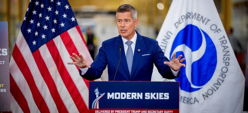 Transportation Secretary Sean Duffy speaks during a news conference at Ronald Reagan Washington National Airport on September 28, 2026 in Arlington, Virginia.