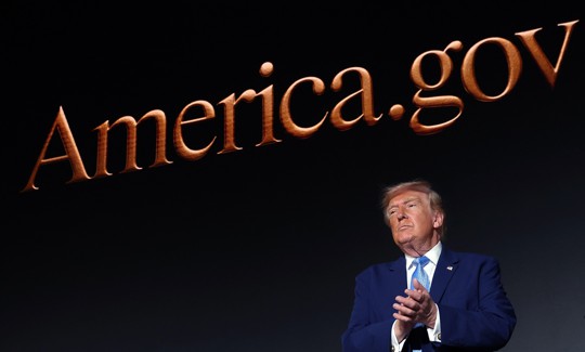 President Donald Trump applauds on stage during the America.gov launch event at Andrew W. Mellon Auditorium on September 29, 2026 in Washington, DC. 