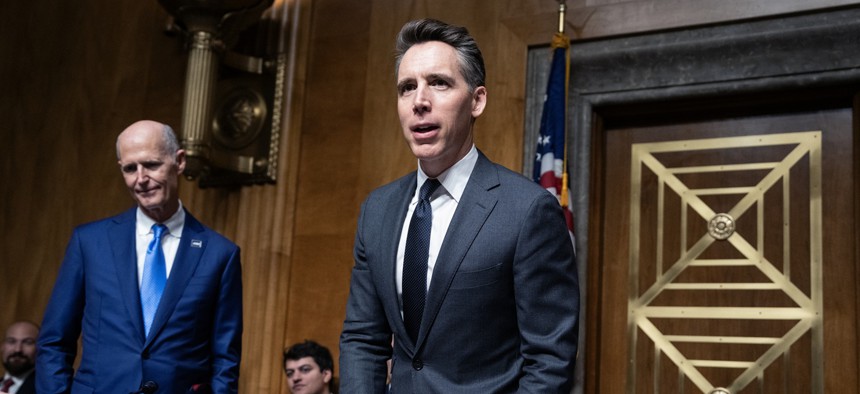 Chairman Josh Hawley, R-Mo., arrives for the Senate Homeland Security and Governmental Affairs Subcommittee on Disaster Management, District of Columbia, and Census hearing titled "Rogue AI: Securing the Homeland Against AI Agent Attacks," in Dirksen Senate Office Building on Wednesday, September 30, 2026.