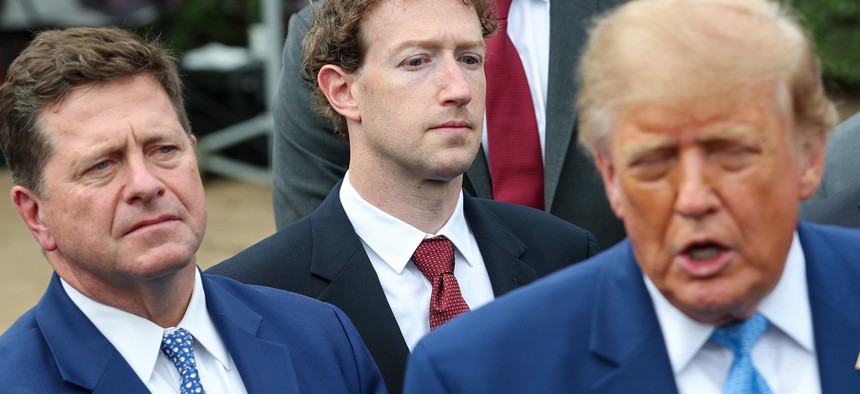 U.S. Director of National Intelligence Jay Clayton, CEO of Meta Platforms Mark Zuckerberg and U.S. President Donald Trump hold a press briefing with AI executives following a meeting on artificial intelligence, outside the West Wing of the White House on September 29, 2026 in Washington, DC.
