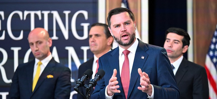 Vice President J.D. Vance speaking during an update on the federal investigation into the fraud and abuse of the H-1B visa program.