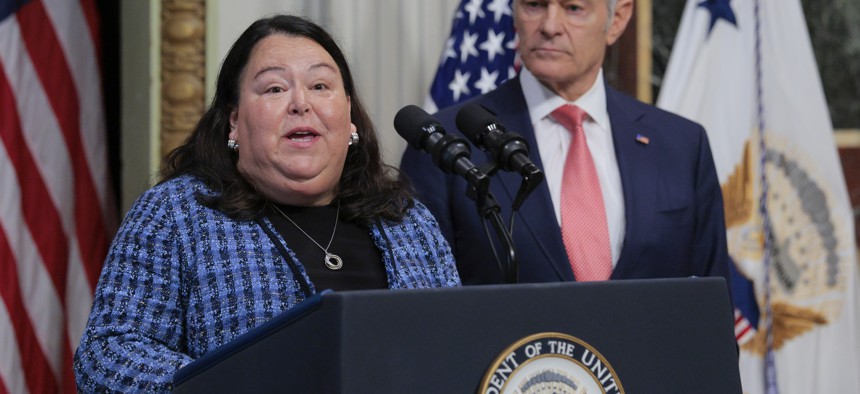 Deputy CMS Administrator Kim Brandt speaks during a press conference on the Trump administration's anti-fraud initiatives at the Eisenhower Executive Office Building on May 13, 2026 in Washington, DC.
