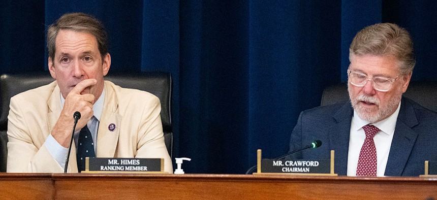 Ranking member Rep. Jim Himes, D-Mass., left, and chairman Rep. Rick Crawford, R-Ark., conduct the House Select Intelligence Committee hearing on "25 Years After 9/11: Confronting the Next Generation of Threats" on Tuesday, July 21, 2026.
