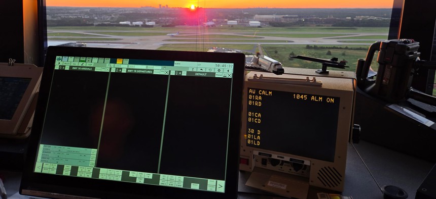 Electronic flight strips in use in an air traffic control room at Dulles International Airport in Virginia.