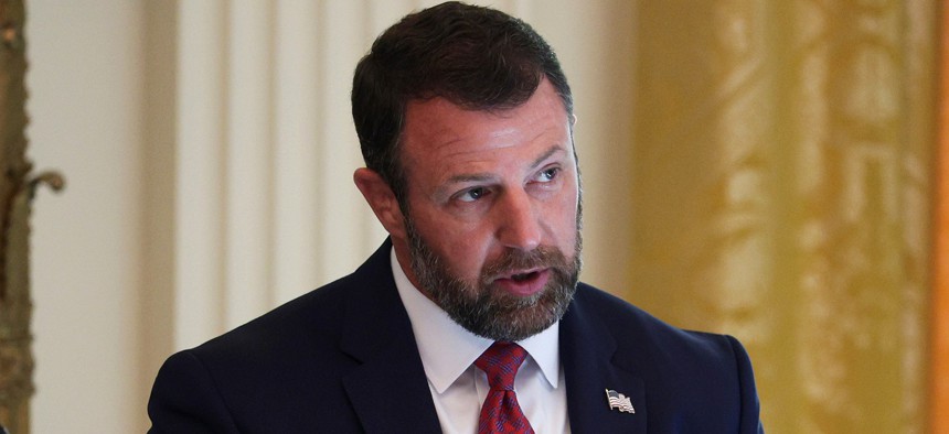 U.S. Secretary of Homeland Security Markwayne Mullin speaks during a roundtable discussion on cybercrime in the East Room of the White House on October 21, 2026 in Washington, DC.