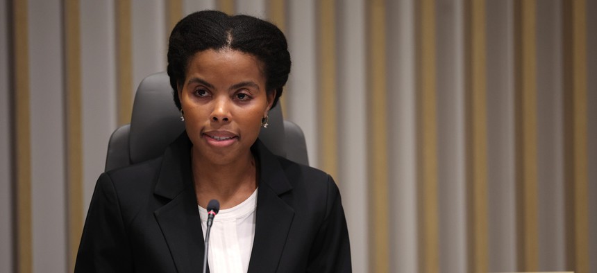 Federal Communications Commission (FCC) Commissioner Olivia Trusty participates in a FCC meeting at the Federal Communications Commission headquarters on February 18, 2026 in Washington, DC.