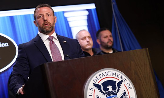 Secretary of Homeland Security Markwayne Mullin speaks during a press conference at U.S. Immigration and Customs Enforcement (ICE) headquarters on October 09, 2026 in Washington, DC. The hacktivist group known as the Department of Peace claimed responsibility for obtaining DHS records and said the data leak was a response to Mullin’s pledge to intensify immigration enforcement.
