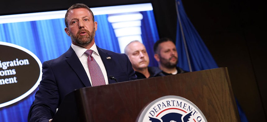 Secretary of Homeland Security Markwayne Mullin speaks during a press conference at U.S. Immigration and Customs Enforcement (ICE) headquarters on October 09, 2026 in Washington, DC. The hacktivist group known as the Department of Peace claimed responsibility for obtaining DHS records and said the data leak was a response to Mullin’s pledge to intensify immigration enforcement.