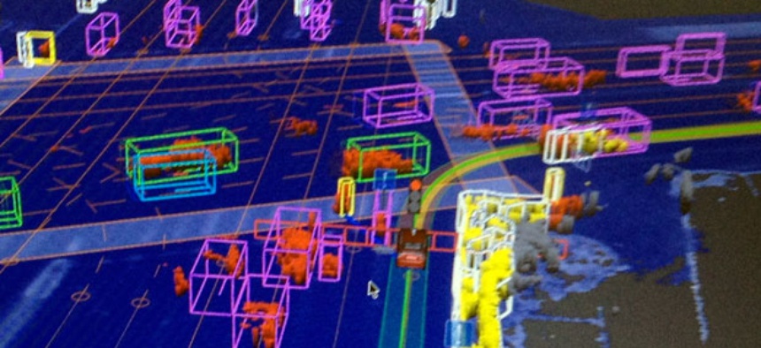 A screen capture of what Google's driverless car sees.