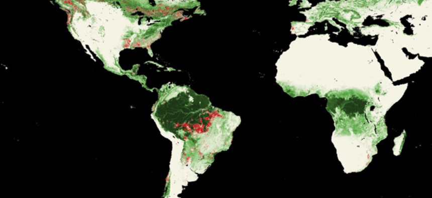 Landsat satellites show worldwide forest losses, marked in red, from 2000-2005.