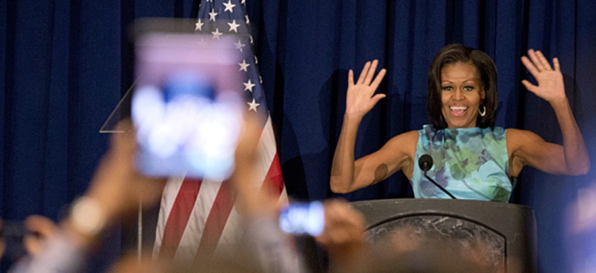 First lady Michelle Obama speaks at the Hispanic caucus at the Democratic National Convention in Charlotte, NC.