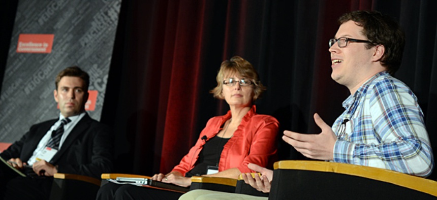 Nextgov reporter Joseph Marks, Kari Craun, director if USGS' National Geospatial Technology Center and Dominic McDevitt-Parks, resident Wikipedian for the National Archives