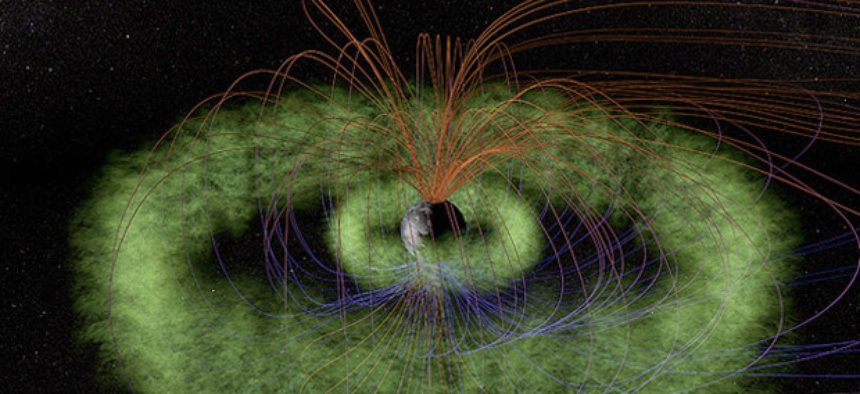 A graphic of Earth's twin rings of plasma known as the Van Allen Radiation Belts in our planet's magnetosphere.