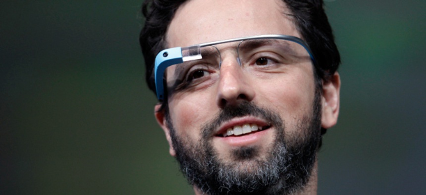 Google co-founder Sergey Brin demonstrates Google's new Glass, wearable internet glasses.