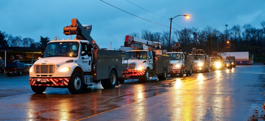 Line crews and support personnel leave from Ohio and head to New Jersey in advance of Hurricane Sandy.