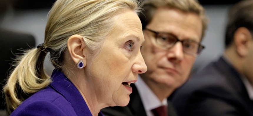 U.S. Secretary of State Hillary Clinton speaks during the 2011 Organization for Security and Cooperation in Europe conference in Lithuania.