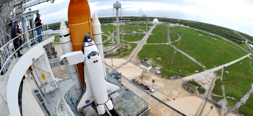 Space Shuttle Atlantis is seen on the pad at the Kennedy Space Center at Cape Canaveral, Fla. , Thursday July 7, 2011.