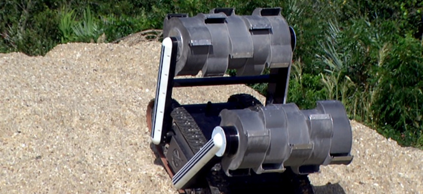 The RASSOR robot climbs a hill during recent testing at NASA's Kennedy Space Center in Florida.