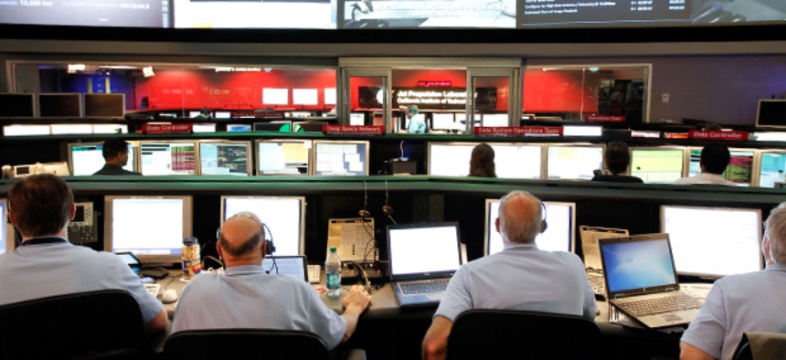 The mission control room at NASA's Jet Propulsion Laboratory in Pasadena, Calif.