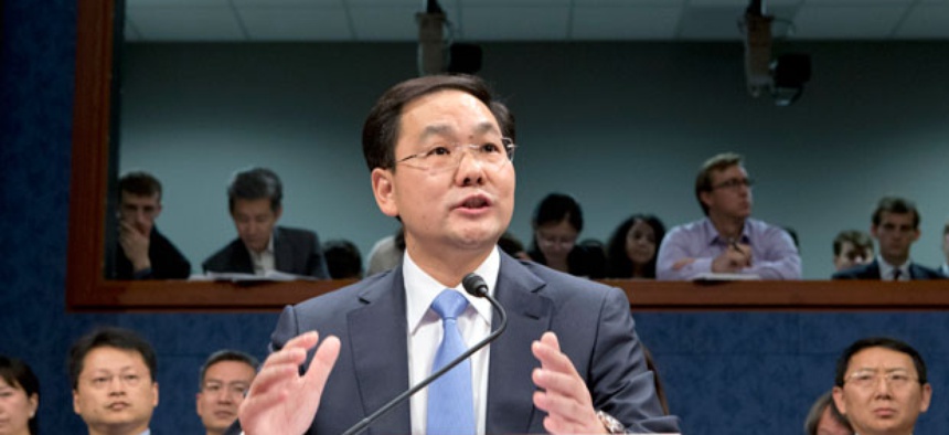 Charles Ding, Huawei Technologies Ltd's senior vice president for the U.S., testifies on Capitol Hill in Washington.