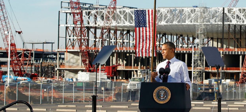 President Barack Obama speaks during construction expansion at Intel, maker of microchips.