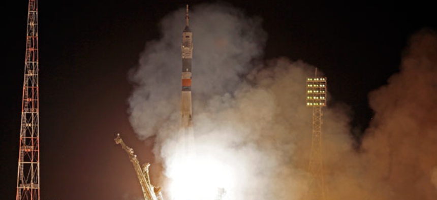 The Soyuz-FG rocket booster with Soyuz TMA-09M space ship carrying a new crew to the International Space Station, ISS, blasts off at the Russian leased Baikonur cosmodrome, Kazakhstan, Wednesday, May 29, 2013.