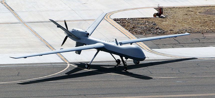 A Customs and Border Protection unmanned aerial vehicle takes off in Arizona.