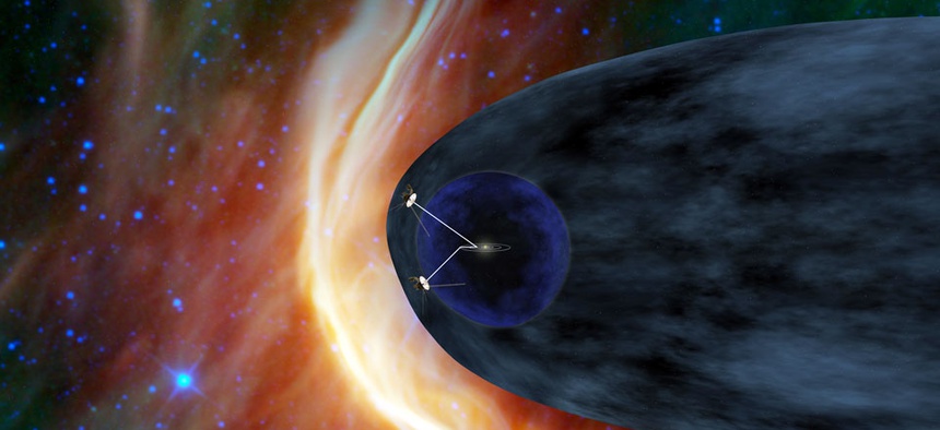 The Voyager spacecraft barreling away from the sun.