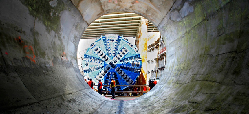 A tunnel boring machine, like this one shown in New York, is an option for tunneling under Bohai Bay.